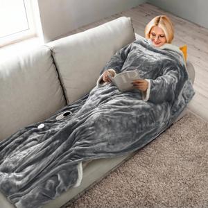 PASAMIC Electric Wearable Heated Blanket with Foot Pocket, Heated Blanket Wearable with Sleeves, Flannel & Sherpa Electric Throw Blanket, 10 Heat Settings & 2-8H Auto Shut-Off, 50*70"+18", Light Grey