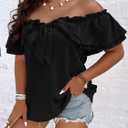 MakeMeChic Women's Plus Size Off Shoulder Tops Ruffle Short Sleeve Blouse Summer Tie Front Outfits, size 5XL+ (Black)