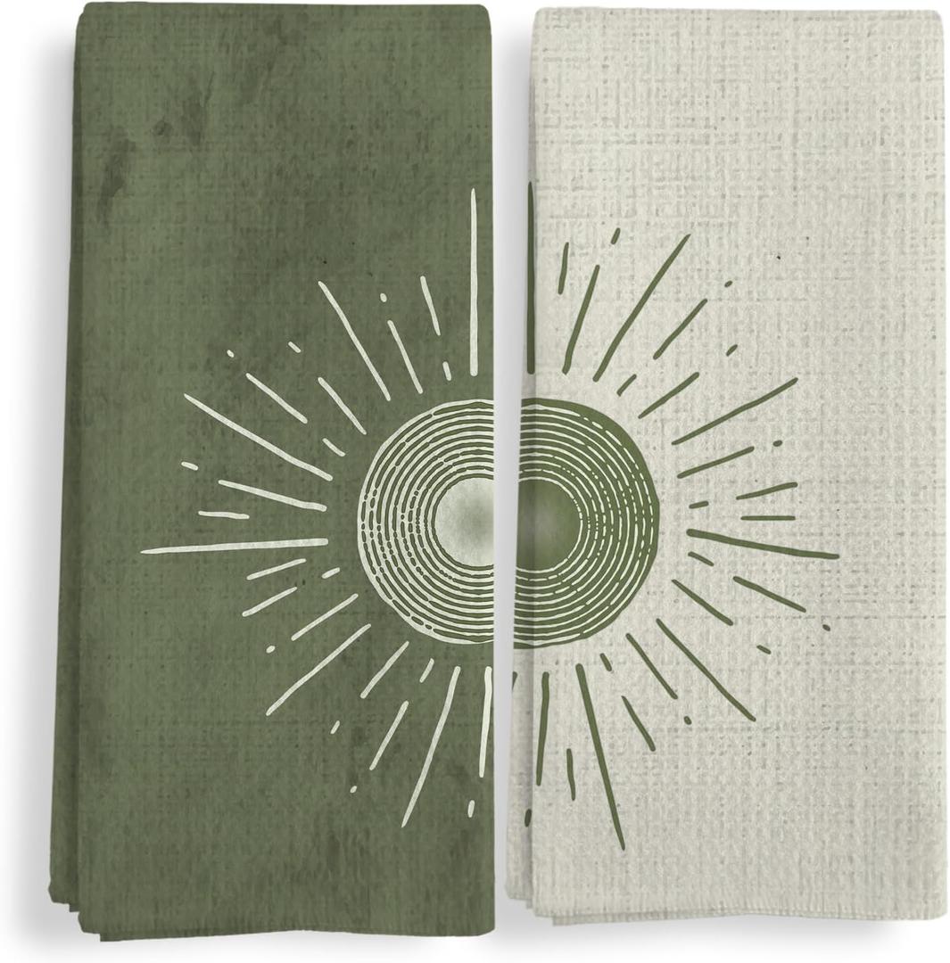 Qeheb Boho Green Sun Kitchen Towels, Sun Sunset Sunshine Kitchen Towels Decorative Set of 2, Boho Lover Gifts, Boho Bathroom Towels, Bohemian Olive Green Hand Dish Tea Towels for Kitchen 16X24In