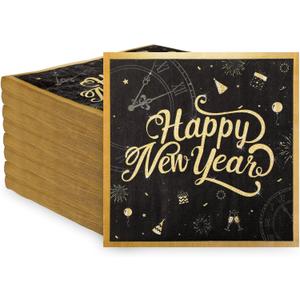 Peryiter 100 Pcs Happy New Year Napkins 2026 New Year's Eve Napkins 13 x 13 Inch Black Gold Paper 2 Ply Disposable for Cocktail Holiday Paper for Party Decoration(Plain)