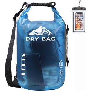 HEETA Dry Bag Waterproof for Women Men, Roll Top Lightweight Dry Storage Bag Backpack with Phone Case for Travel Swimming Boating Kayaking Paddle Board Camping Beach Accessories (Transparent Blue, 5L)