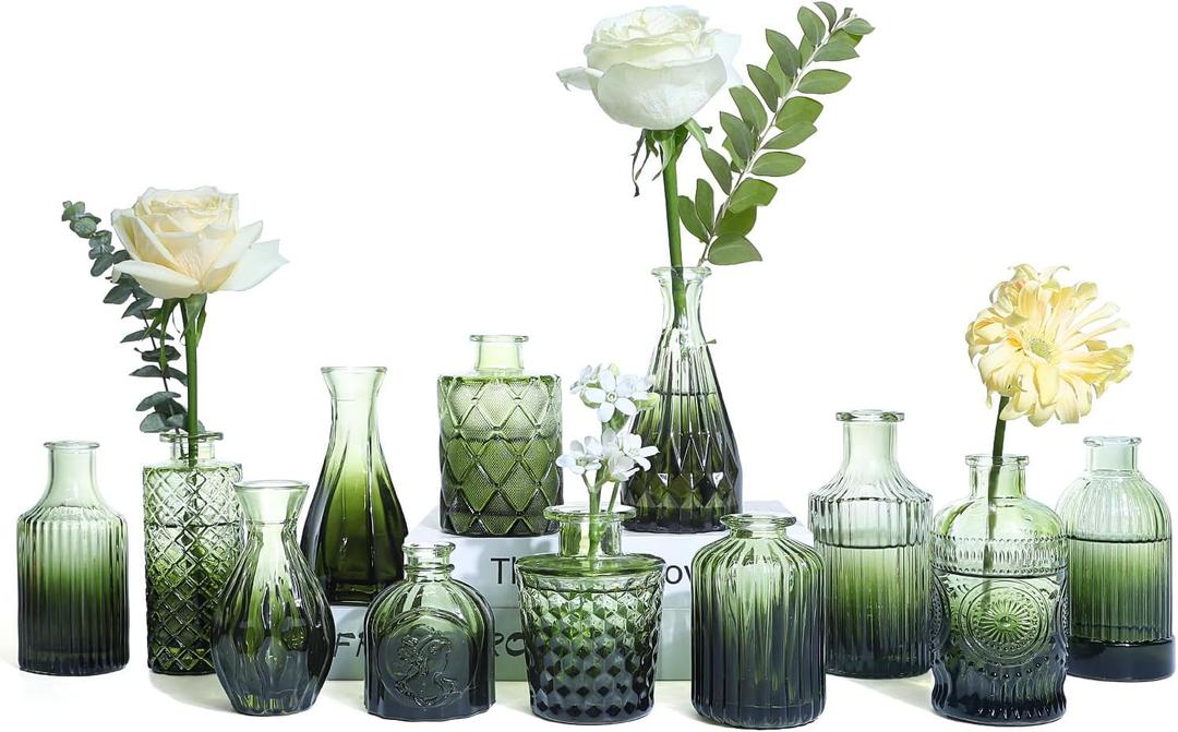 Green Glass Bud Vases Set of 12, Mini Flower Vase for Centerpieces, Small Glass Vases in Bulk for Wedding Decorations, Vintage Vase for Bridal Shower, Party, Recepetion, Home Table Dcor