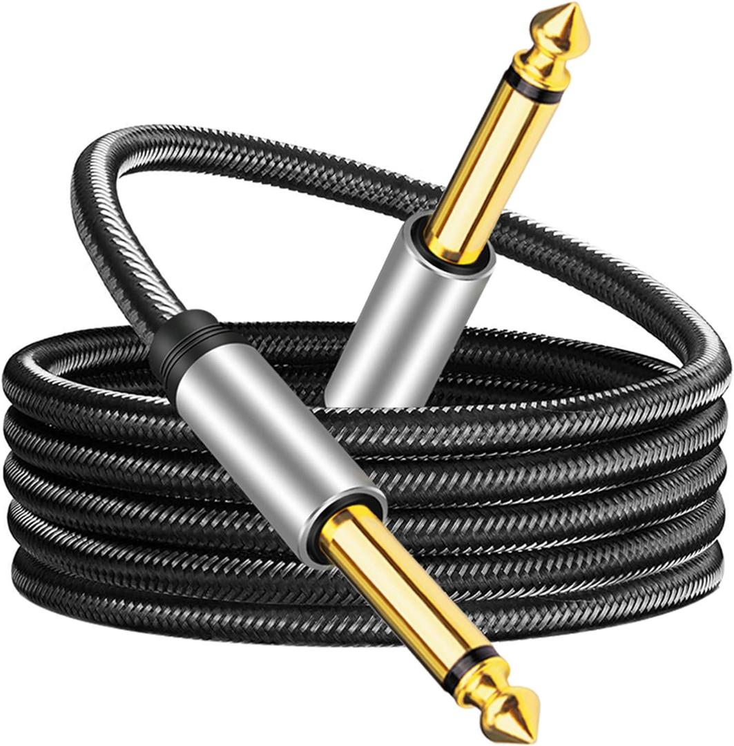 6.35mm Instrument Cable 25Ft,Silver Color Premium 6.35mm Mono Jack 1/4" TS Cable Unbalanced Guitar Patch Cords/Instrument Cable Male to Male with Zinc Alloy Housing and Nylon Braid(25Ft/8M)