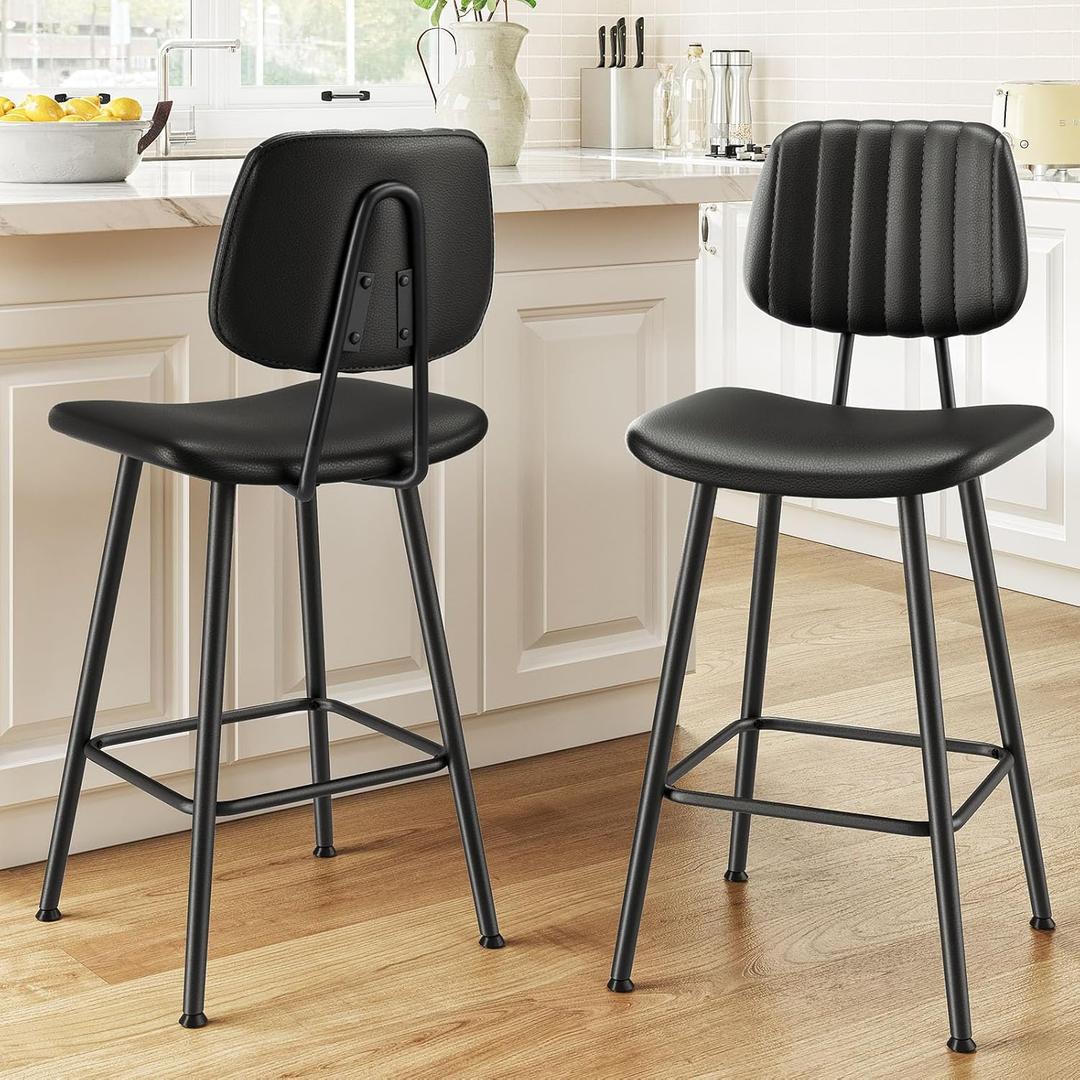 24-Inch Leather Bar Stools Set of 2, Counter Height Barstools with High BackrestBar Chairs for Kitchen Island with Heavy Duty Metal Legs, Black