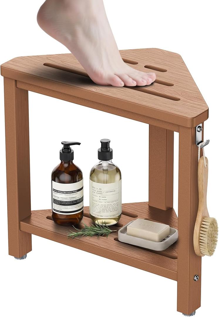 15" Shower Foot Rest with Side Hook, HDPE Waterproof Corner Shower Stool for Shaving Legs, Anti-Slip Shower Bench with Storage Shelf for Inside Shower, Space-Saving Shower Seat for Small Showers, Teak