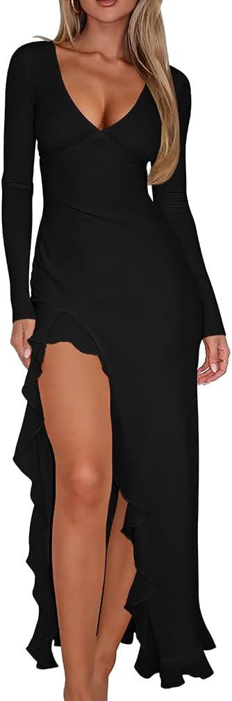 XXTAXN Women's Sexy Elegant V Neck Long Sleeve Ruffle Hem Split Party Prom Maxi Dress (M)