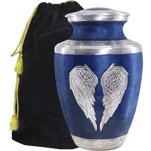 M MEILINXU Urns for Human Ashes Adult Man & Women, Cremation Urn for Ashes Adult Male & Female, Burial Urn, Decorative Urns for Funeral, Silver Engraved Angel Wings, Dark Blue and Silvery - Large
