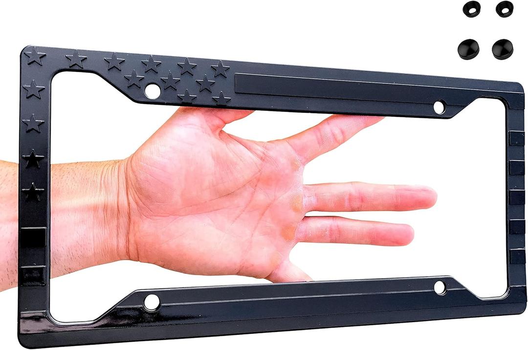TACTILIAN American Flag License Plate Frame - Subdued 3D Embossed USA Flag in Black Gloss on Matte Finish for Car, Truck or SUV (Gloss on Matte Black)