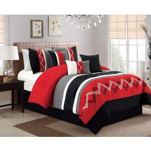 Chezmoi Collection Arden 7-Piece Modern Pleated Stripe Embroidered Zigzag Bedding Comforter Set (King, Red/Black/Gray/Off-White)