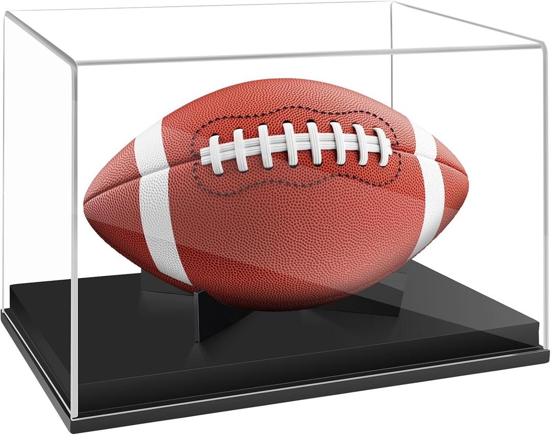 Football Display Case with Black Solid Wood Base Clear Acrylic Football Holder Display Box for Autographed Football, Full Size Football Memorabilia Showcase