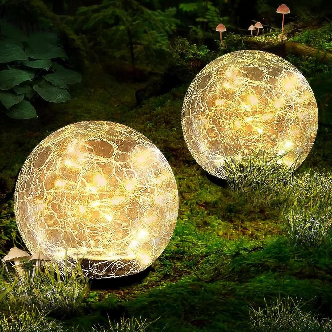 Coroor Garden Solar Ball Lights Outdoor Waterproof, 50 LED Cracked Glass Globe Solar Power Ground Lights for Path Yard Patio Lawn, Christmas Decoration Landscape Warm White(2 Pack 4.7'')