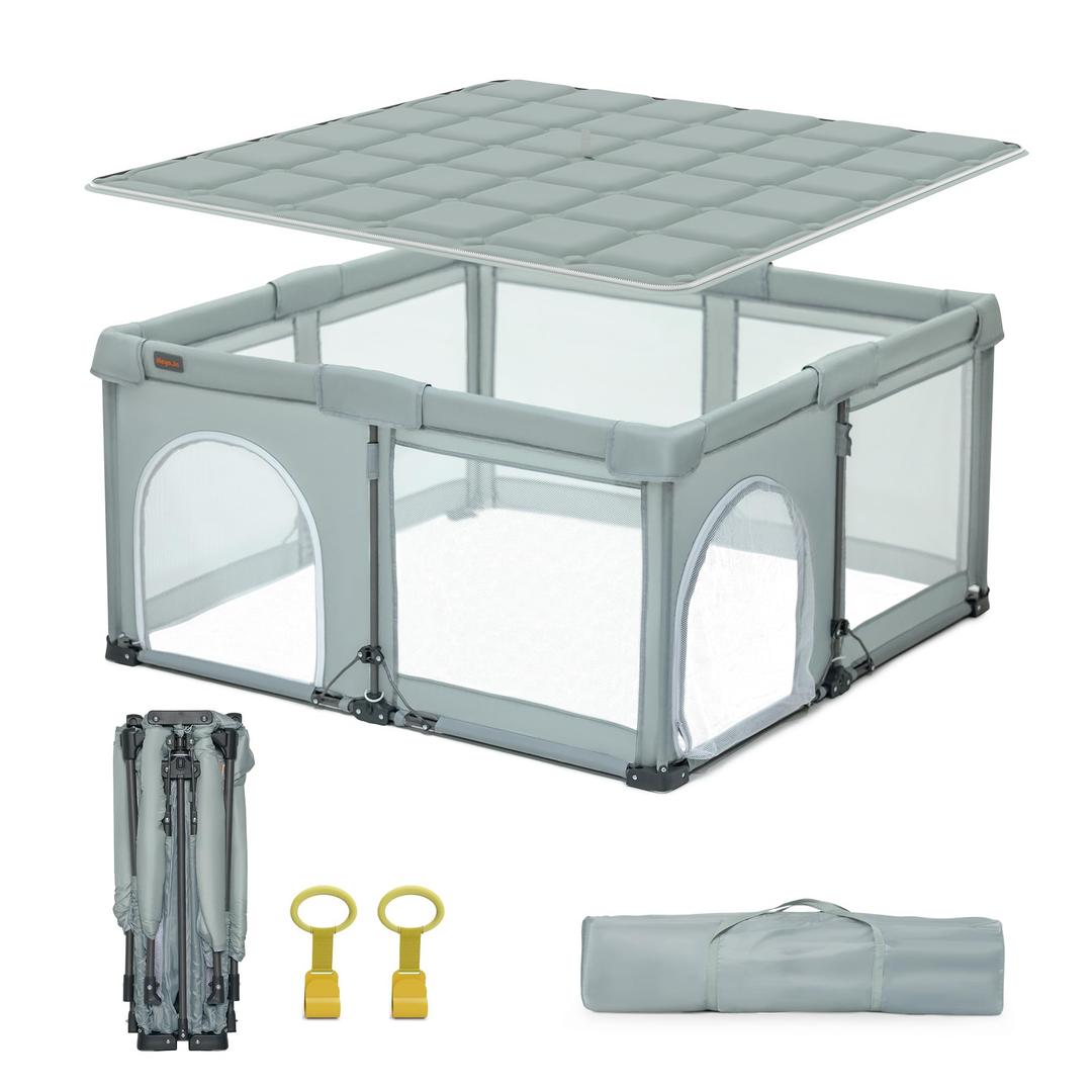 Foldable Playpen with Detachable Thicken Mat, 59x71 Inches Portable Playpen, Collapsible Play Pen for Babies and Toddlers, Indoor & Outdoor Baby Fence Play Area, Cold Gray