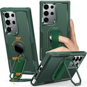 Shields Up for Samsung Galaxy S24 Ultra Case with Stand (Two-Way Stand & Finger Strap), Galaxy S24 Ultra Phone Grip Case with Double Ring Holder, Heavy Duty Shockproof Cover for S24 Ultra, Green