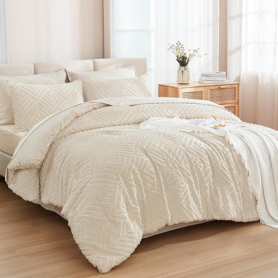 Andency Beige Super King Plus Size Comforter Set with Sheets - 7 Pieces Bed in a Bag Boho Tufted Bedding Sets Fluffy Lightweight Oversized King Bed Set with Comforter, Sheets, Pillowcases & Shams