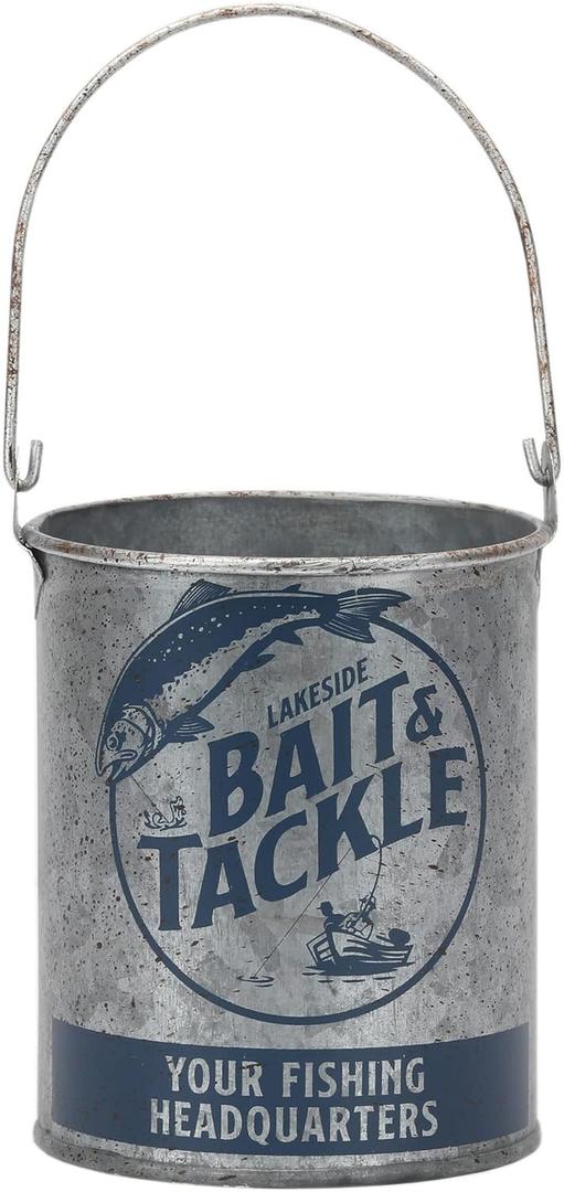 Open Road Brands Lakeside Bait and Tackle Metal Bucket - Decorative Fishing Pail for Pencils, TV Remotes or Tools