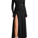 KUTUMAI Long Sleeve Slit Formal Dresses for Women 2025 Fall Wedding Guest Cocktail Party Modest Ruched Maxi Dress Black L