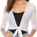 Aiboria Womens 3/4 Sleeve Shrug Sheer Mesh Bolero Tie Front Cropped Cardigan S-XXL (Medium, White)