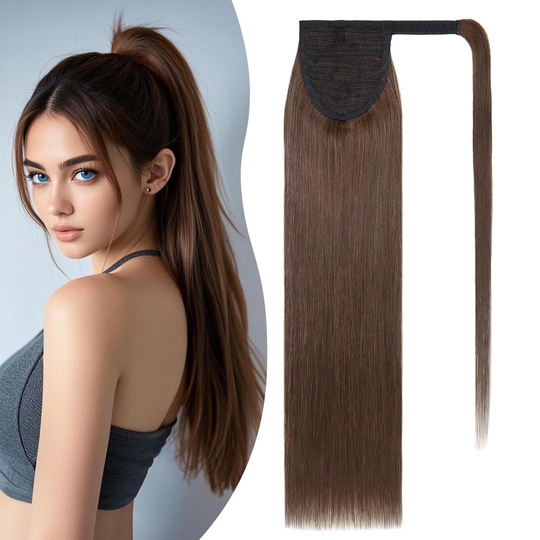 S-noilite Wrap Around Ponytail Extension Human Hair #4 Medium Brown Ponytail Extensions Real Remy Hair 16inch Long Straight Clip in Human Hair Ponytail 80Grams