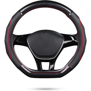 Ergocar Car Steering Wheel Cover Non-Slip Car Steering Wheel Protector Sport D-Shape Carbon Fiber & First Layer Cowhide Universal for Diameter 38cm(15") (D-Black-red)