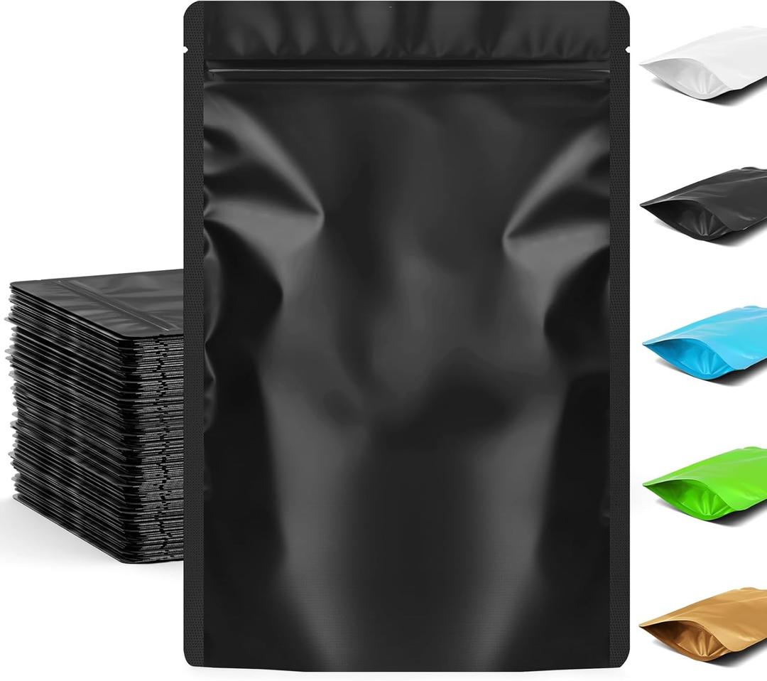 FUNFERY 3.5x5.1 inch Stand Up Mylar Resealable Bags for Food Storage,Smell Proof Foil Pouch,Food Packaging Sealable Bags,Mylar Zipper Bag for Jerky,Candy,Cereal,Coffee,Cards (Black, 50 Pack)