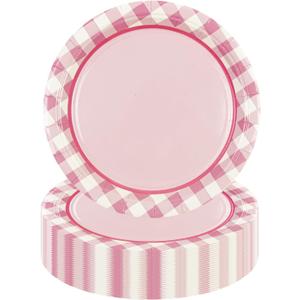 2 x 50PCS Pink Gingham Birthday Plates, 7 inch Disposable Gingham Cake Plates Plaid Dessert Plates for Picnic Barbecue Baby Shower Wedding Birthday Party Decorations