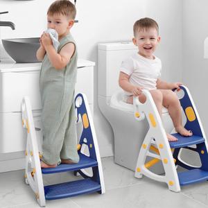 Potty Training Seat, Primlect Upgrade Ultra-Stable Toddler Toilet Seat for Kids Boys Girls, 2 in 1 Potty Training Toilet with Step Stool, Adjustable Seat and Ladder, Non-Slip Pad, Splash Guard(Blue)