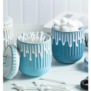 Qtip Holder Dispenser Bathroom Canister with Lid, Apothecary Jar Container for Vanity Makeup Organizer Storage - 14 oz Ceramic Jar for Cotton Swab Cotton Round Pad Floss Picks Hair Clips, Teal Blue 1Pack