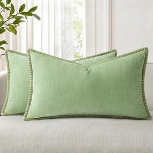 decorUhome Summer Chenille Soft Cozy Throw Pillow Covers 12x20 Set of 2, Modern Farmhouse Boho Velvet Decorative Pillow Cases with Stitched Edge for Couch Sofa Bed Home Decor, Sage Green