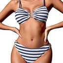Women's Two Piece Bikini Sets Midi Waist Cheeky Swimsuit Striped Triangle Bathing Suits, M