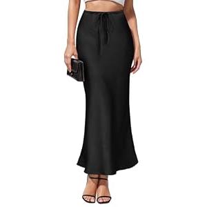 Women's Maxi Skirts Satin Drawstring High Waisted Silk Elegant Flowy Casual A-Line Long Skirt for Women Black M