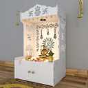Aesthetic Wooden Temple for Home Modern Pooja Mandir with Focus Light & Shelf, DIY Installation, Large White, 109 cm