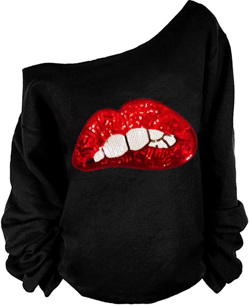 MAGICMK Womans Sweatershirt Lips Print Causal Blouse Off The Shoulder Long Sleeve Loose Slouchy Pullover Plus Size Tops (5X-Large, Black)