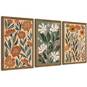 InspiredHues 3 Piece Abstract Boho Floral Canvas Wall Art, Green Beige Flower Market Wall Decor, Minimalist Colorful Botanica Artwork Prints for For Living Room Bedroom Office 16x24 Inch Wood Framed: Posters & Prints