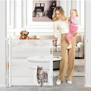 Retractable Baby Gate with Cat Door 54" Wide Retractable Baby Gate for Stairs Mesh Baby Gate with Pet Door Retractable Dog Gate for The House Retractable Pet Gate with Door Safety Gates for Toddlers, White