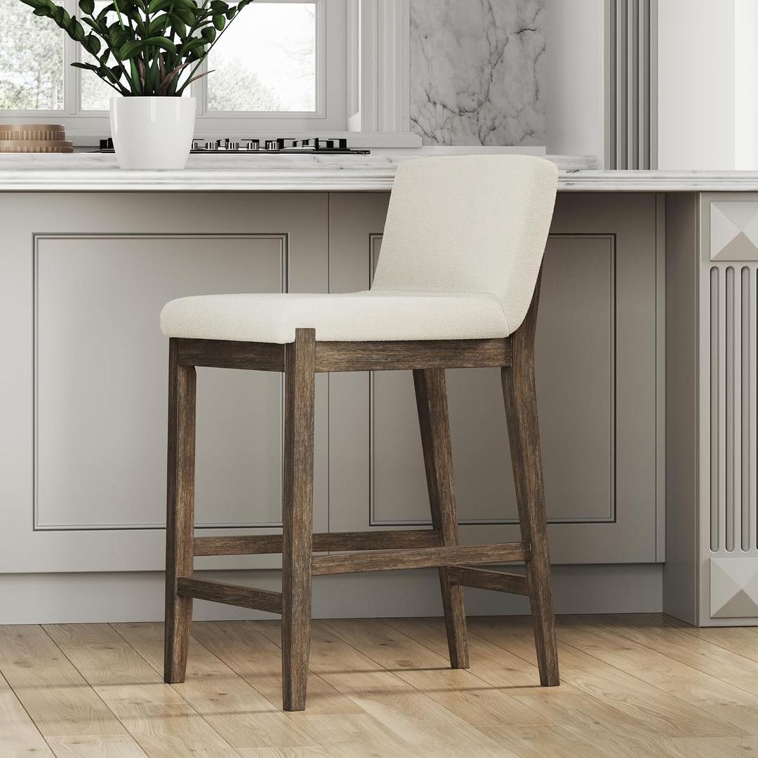 Nathan James Gracie Modern Counter Height Bar Stool with Back, Counter Stool Upholstered Chair with Natural Textured Linen and Brushed Wooden Legs, Cream Boucle/Dark Brown, Counter Height - Single