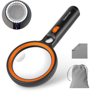 Magnifying Glass with 30 LED Lights, 10X 20X 45X Handheld Illuminated Lighted Magnifier with 1UV Light for Seniors Reading, Inspection, Coins, Jewelry, Exploring Light Magnifying Glass (Orange)