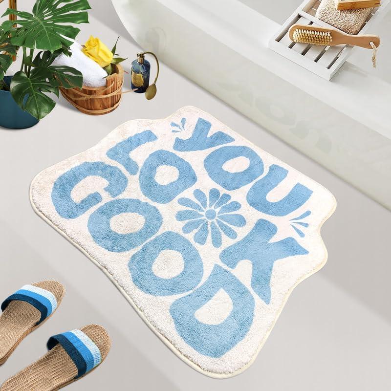 SHIYUE You Look Good Bath Mat Cute Funny Flower Bathroom Rug, Soft Absorbent Water Non Slip, Superior Washable Microfiber Cool Shower Preppy Decor Rug (Sky Blue 21"x25")