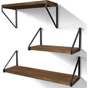 Love-KANKEI Floating Shelves Wall Mounted Set of 3,Rustic Wood Wall Shelves for Storage, Bedroom Living Room Bathroom Kitchen Office and More Light Walnut
