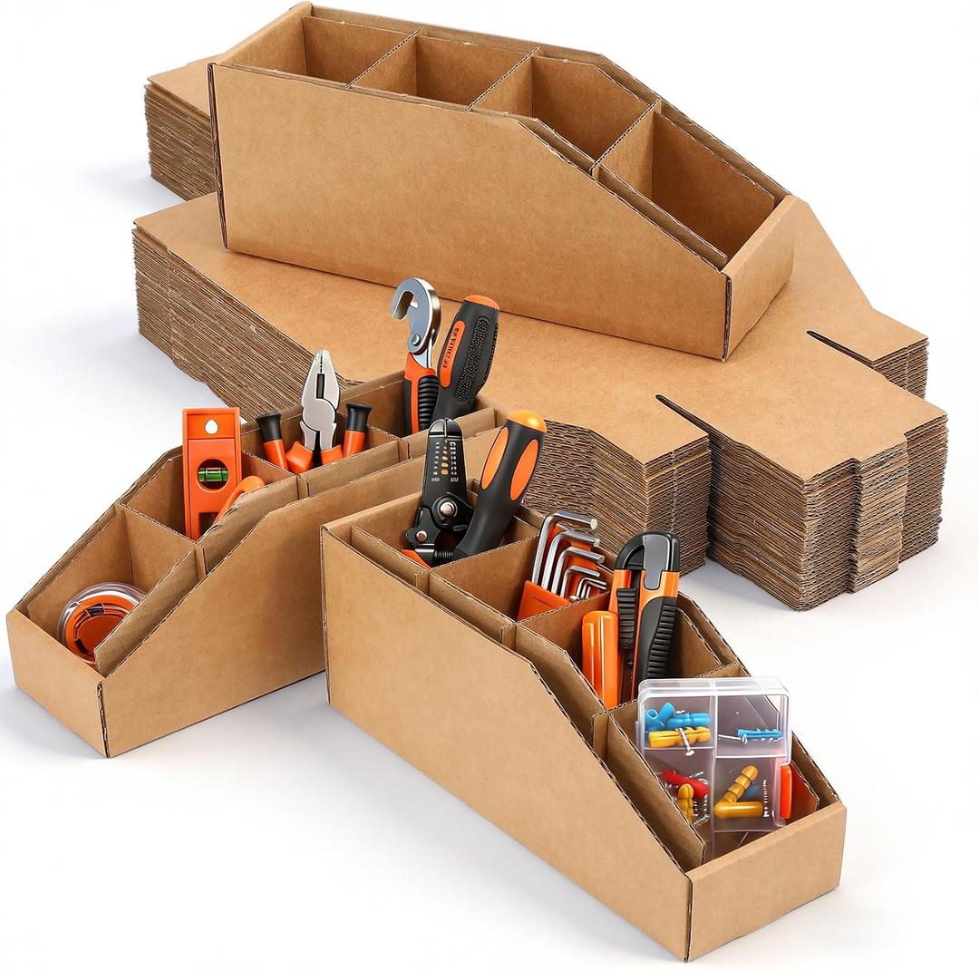 30 Pcs Cardboard Storage Parts Bins Open Top Corrugated Cardboard Storage Boxes Organizer Parts Bins for Shelves, Garages, Offices, Stores (12 x 4 x 4.5 Inch,Natural)