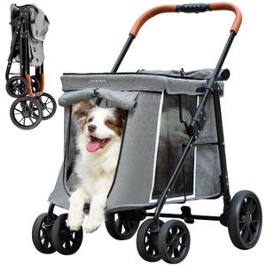 Medium Dog Stroller, Dual Entry One-Touch Folding,Small and Medium Pet Stroller,360 Rotating Front Wheels,80 lbs Weight Capacity for Outdoor Travel and Elderly Dogs - Gray