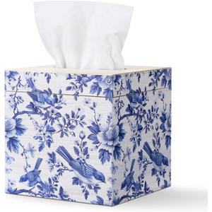 Blue and White Tissue Box Cover Wooden Floral Bird Vintage Square Tissue Box Holder for Bedroom Bathroom Office Desk Countertop Modern Farmhouse Decor, 6 x 6 x 6 Inch