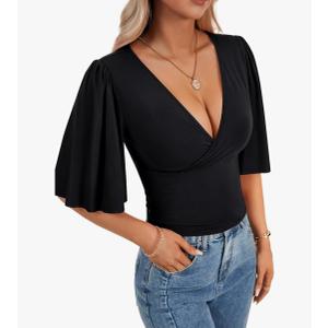 LYANER Women's V Neck Wrap Dressy Tops for Women Elegant Ruffle Short Sleeve Business Casual Blouse M