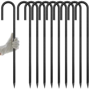 AAGUT 24 Rebar Ground Stakes (10pcs) Heavy Duty 1/2" J Hook Fence Anchors Curved Steel Garden Stake Yard Spikes with Sharp End for Camping Tent,Black Powder Coated