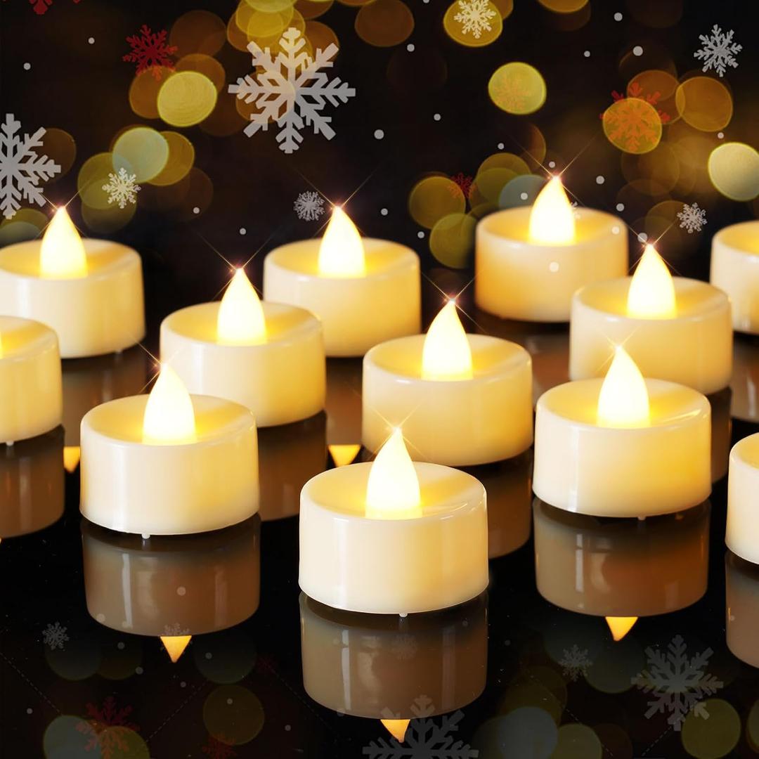 Raycare White Tea Lights Battery Operated, 100 Pack Long Lasting Electric Votive Candles, Realistic Fake Flameless LED Tea Lights for Wedding Party Thanksgiving Christmas Halloween Decorations