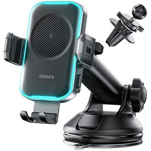 JUSAKA Wireless Car Charger,15W Fast Charging Auto Clamping Phone Holders for Your Car Compatible with iPhone 16/15/14/13, for Samsung Galaxy S24 Ultra S23 S22 S21, S20, S10+ (Black)