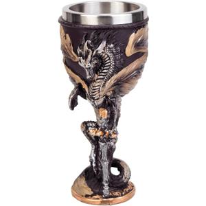 Medieval Flame Dragon Holding Sword Goblet Resin Wine Cup with Stainless Steel Lining Unique Hand-Painted Cup Father's Day Gift (BM030-6)