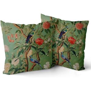Green Chinoiserie Pillow Cover 18x18 Inch Vintage Bird Flower Throw Pillow Covers Farmhouse Floral Decorative Pillowcase Outdoor Cotton Square Cushion Cover for Couch Sofa Bedroom Decor (Pack of 2)