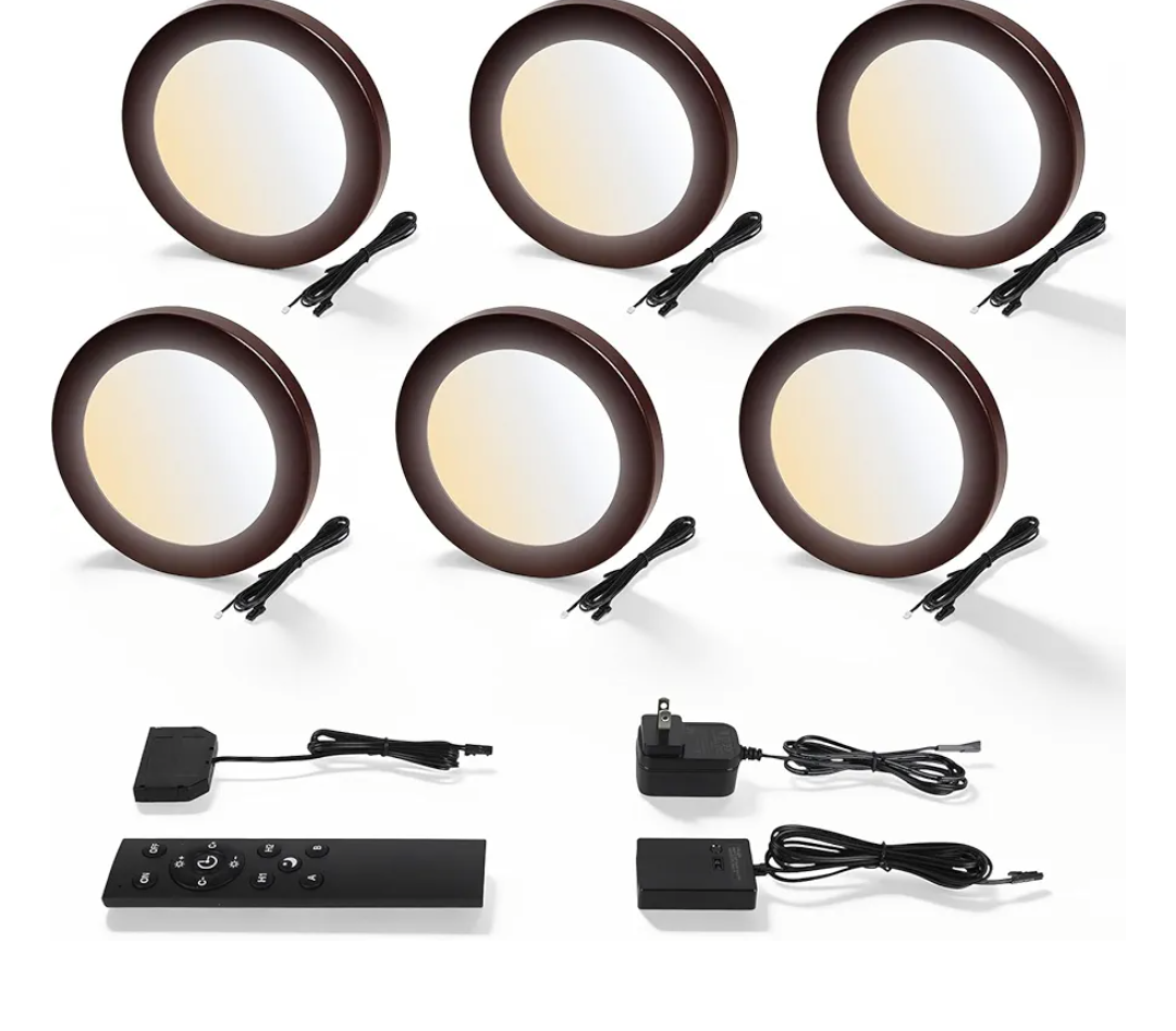 V4light LED Puck Lights, Smart Under Cabinet Lighting with Remote Control, Color Temperature Adjustable, Works with Alexa & Google Home, Plug-in Lights for Kitchen, Counter, Closet, Shelf (6 Pack, Brown)