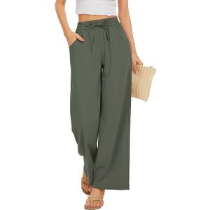 KICZOY Women Flowy Pants Drawstring Waist Wide Leg Palazzo Beach Pants Loose Fit with Pockets (Olive Green, Size 34W)