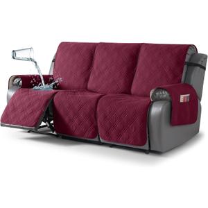 TAOCOCO 100% Waterproof Recliner Sofa Covers 3 Seater, Split Couch Covers for Reclining Couches, Non Slip Reclining Couch Covers with Double Straps for Kids Pets(3 Seater, Wine)